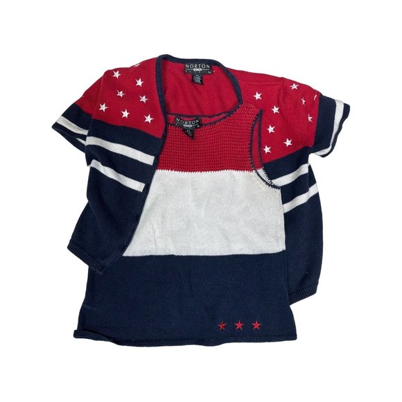 Norton Studio 2 pc Stars Stripes tank and short sleeve button cardigan Petite Sm - Picture 1 of 11